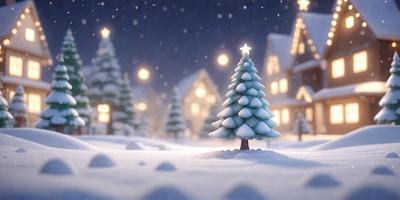 Primary subject: A small, snow-covered Christmas tree.

Setting/background: A snowy village with houses and a night sky.

Visual style: Digital art.

Colors and mood: The image is predominantly white, with the snow-covered tree and houses adding a touch of warmth and festivity to the scene.